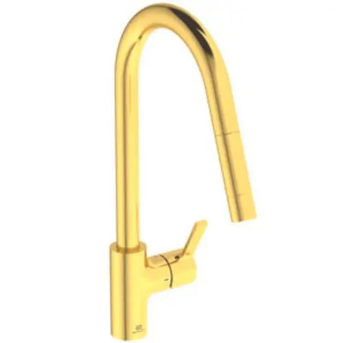 Küchenarmatur von Ideal Standard in Gold mit einem hohen, gebogenen Auslauf und einem Hebel für die Wassersteuerung.